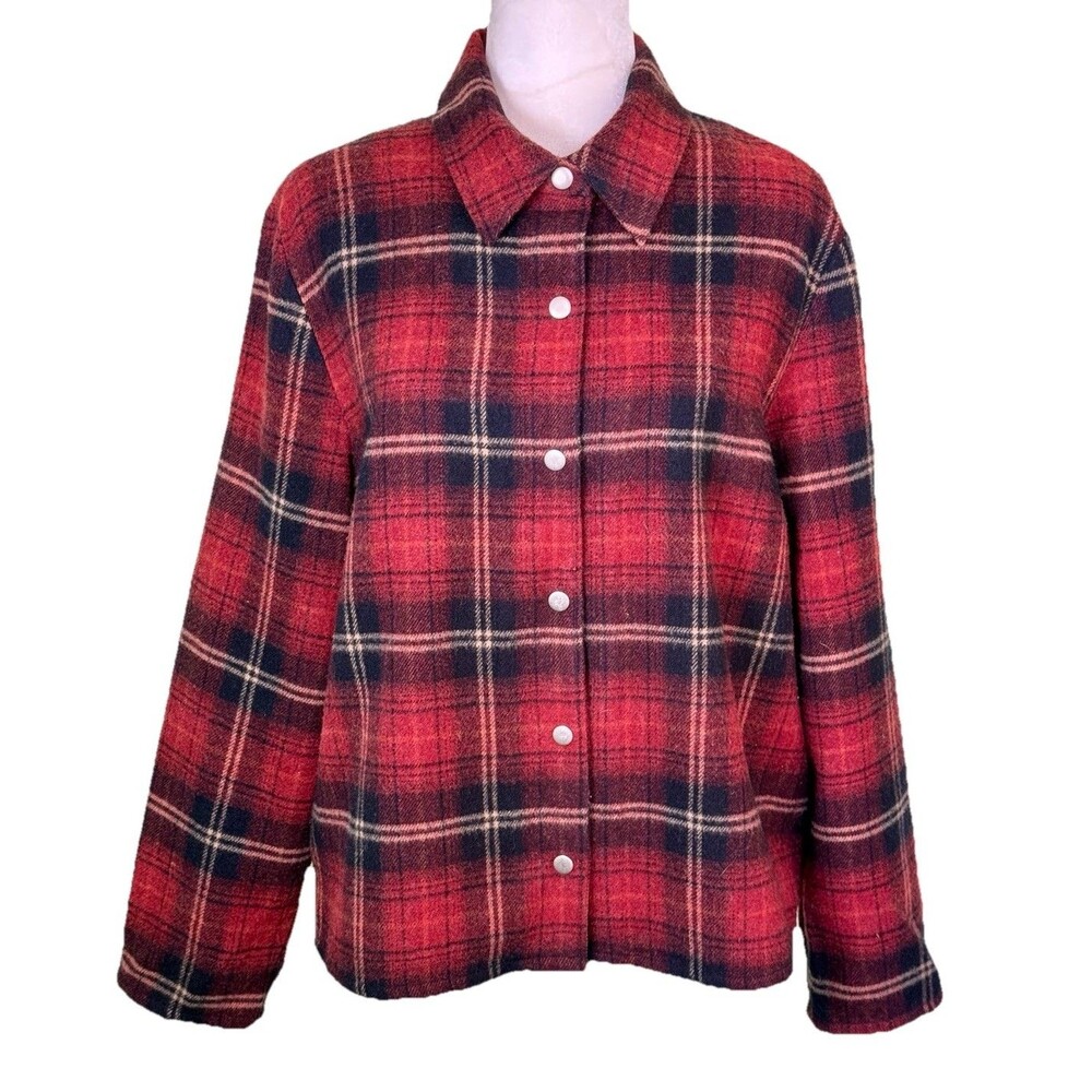 Women’s Plaid Shirt Jacket Shacket Red Black Cozy Cabincore Rustic Layering XL